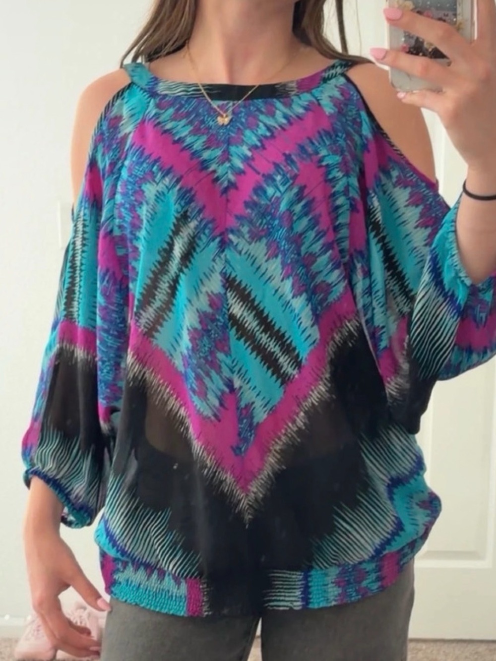 SEDUCE Teal and Purple Cold-Shoulder Printed Blouse